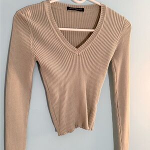 Brandy Melville Beige Ribbed V-Neck Top